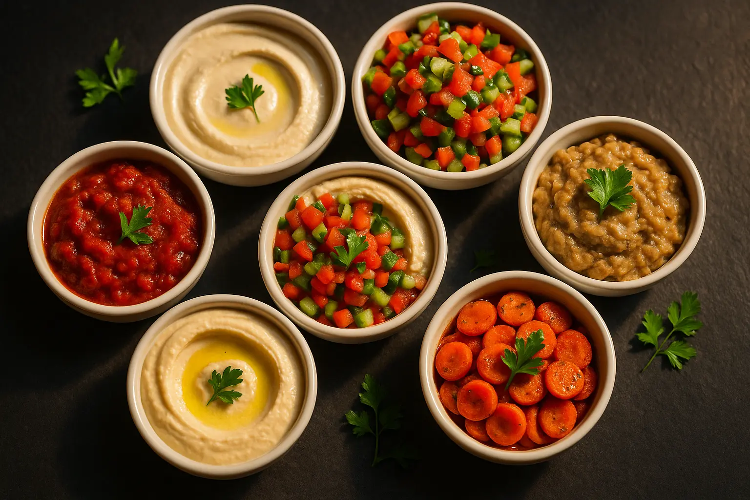 מבחר 7 סלטים ישראליים - קייטרינג מאמא מבחר סלטים ישראליים לקייטרינג בשרי כשר למהדרין - חומוס טחינה חצילים