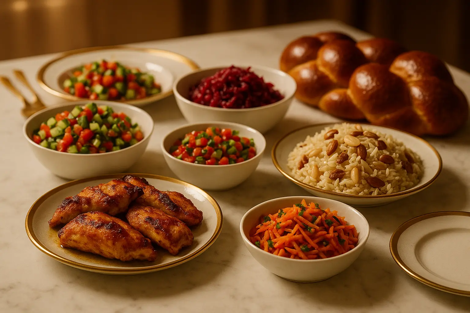 קייטרינג בשרי כשר למהדרין - קייטרינג מאמא שולחן קייטרינג בשרי כשר למהדרין ערוך עם סלטים ומנות עיקריות - קייטרינג מאמא