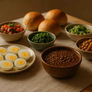 סעודת הבראה מוכנה כשרה למהדרין - ביצים, עדשים, סלטים ולחמניות