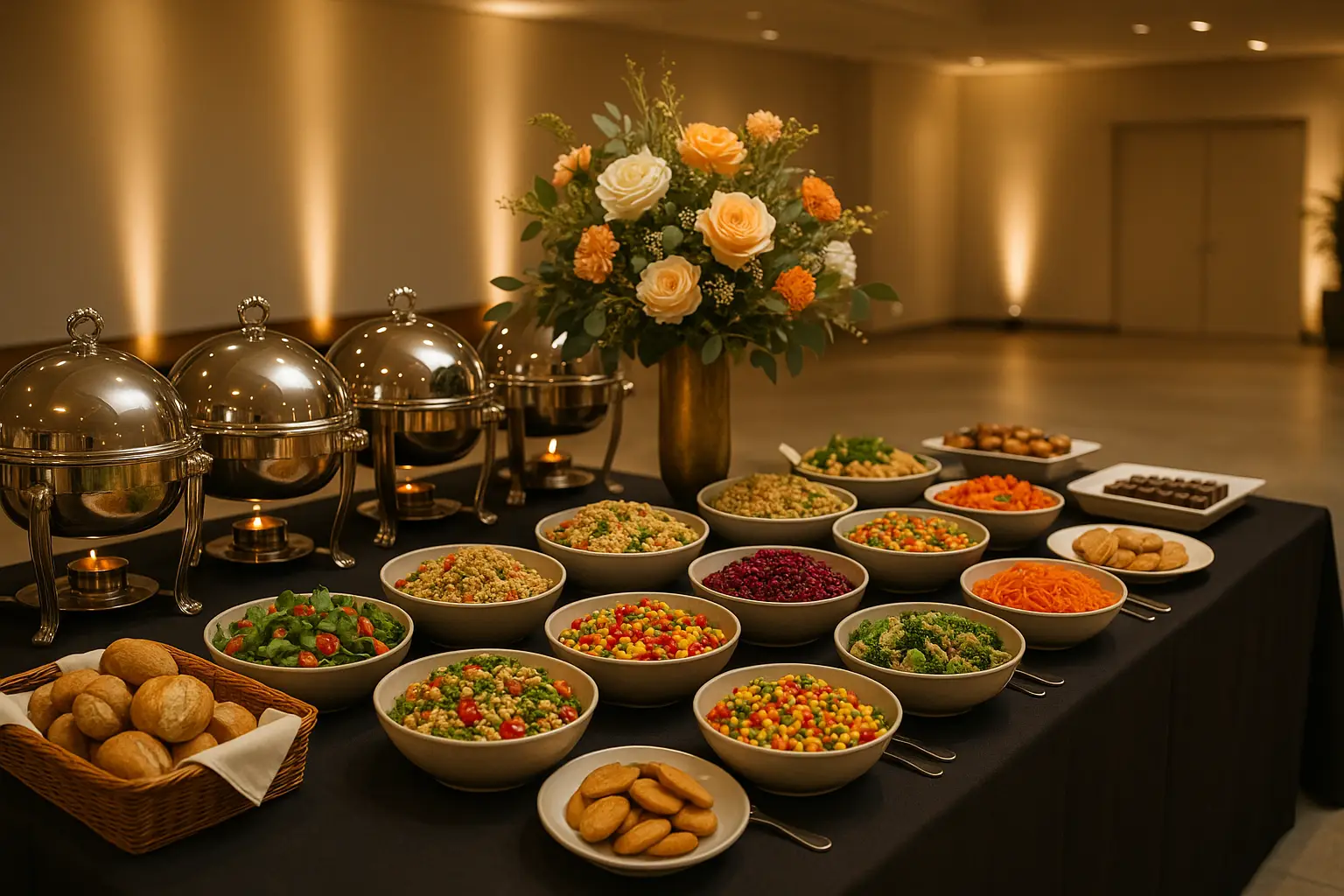 עמדת בופה עשירה לאירוע בר מצווה עם מגשי סלטים צבעוניים ומנות בשריות כשרות