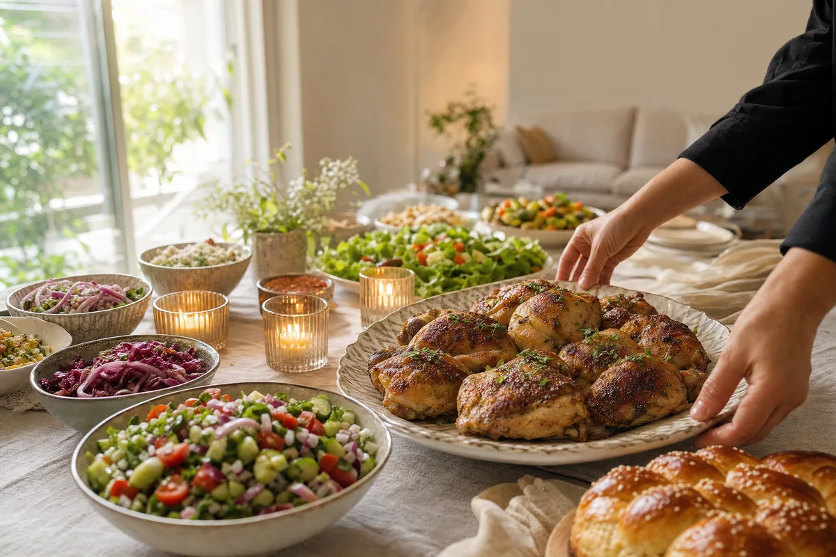 קייטרינג לאירוסין, שולחן חגיגי בסלון עם עוף צלוי, סלטים טריים וחלה קלועה
