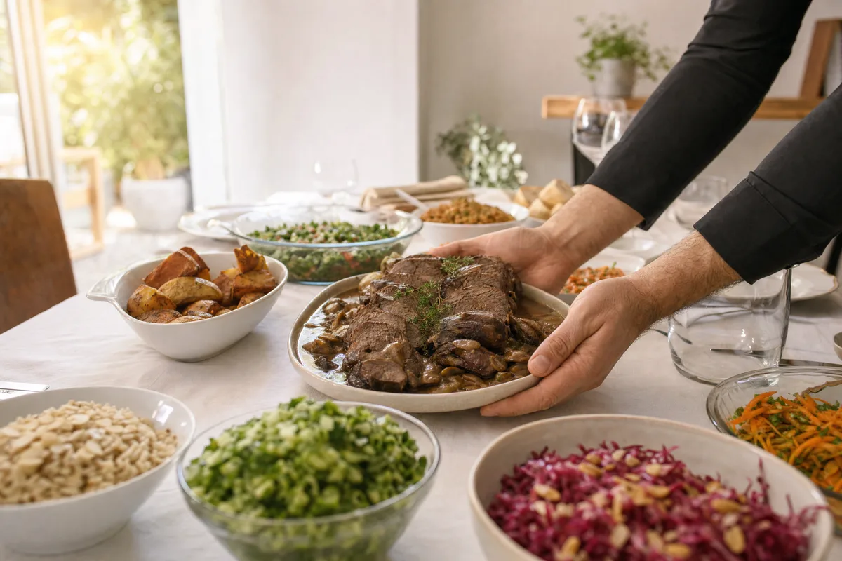 קייטרינג לפדיון הבן, שולחן חגיגי עם צלי בקר ברוטב פטריות, סלטים, אורז עם שקדים ותפוחי אדמה