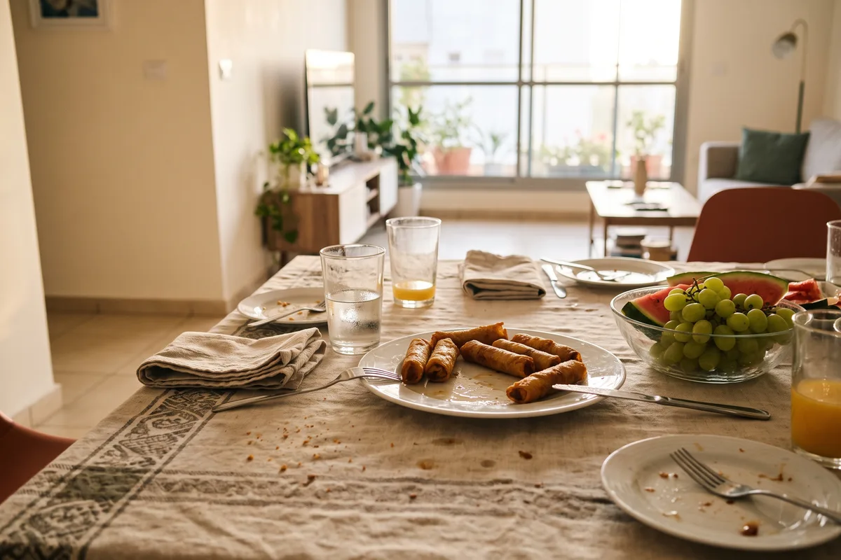 סעודת פדיון הבן, צלחת סיגרים מטוגנים וקערת פירות העונה על שולחן חגיגי
