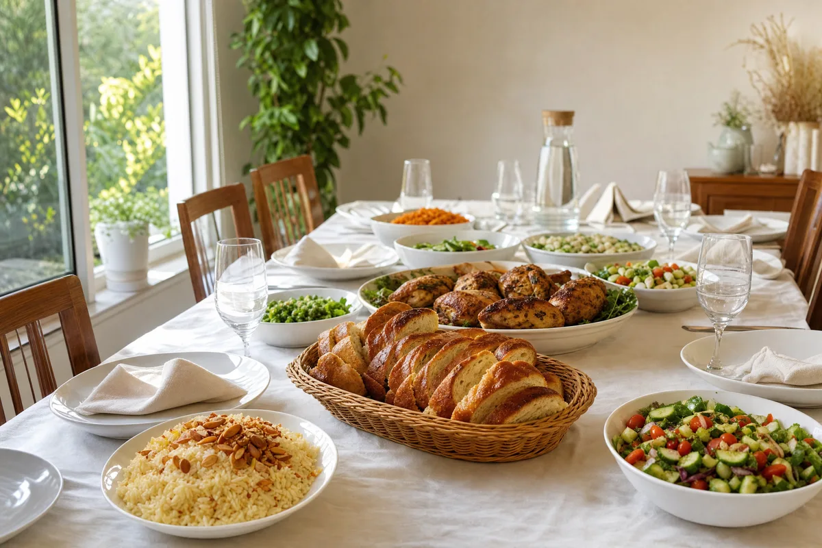 סעודת הודיה, שולחן משפחתי ארוך עם סלסלת חלה פרוסה, עוף צלוי בעשבי תיבול, אורז עם שקדים וסלטים טריים